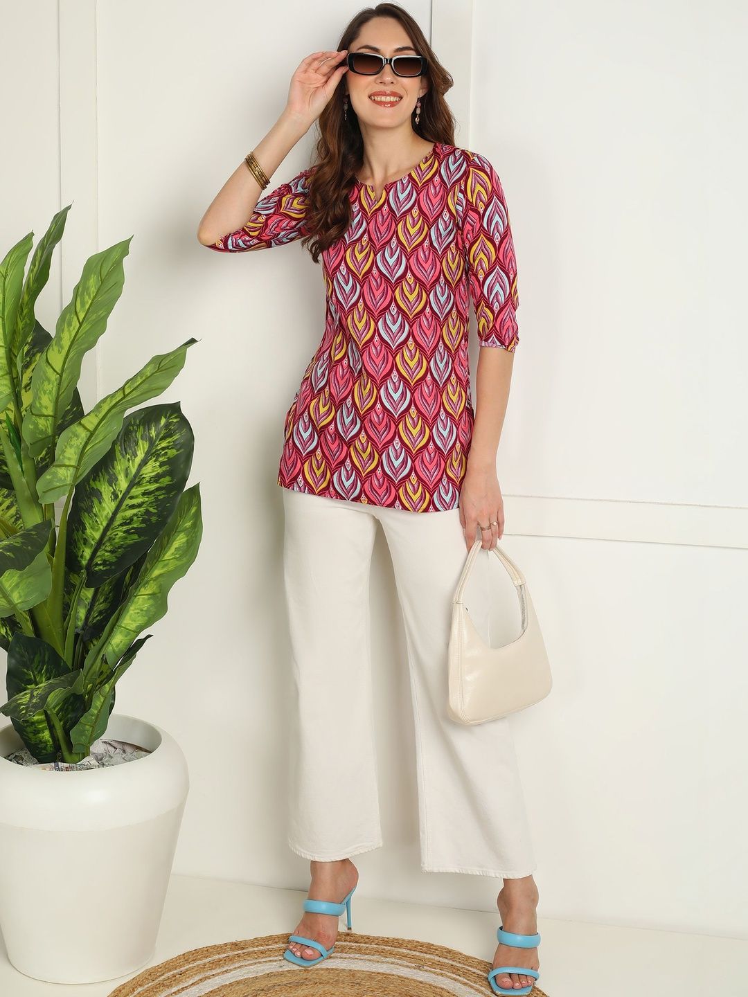 JANKHI Print Jewel Neck Crepe Top
