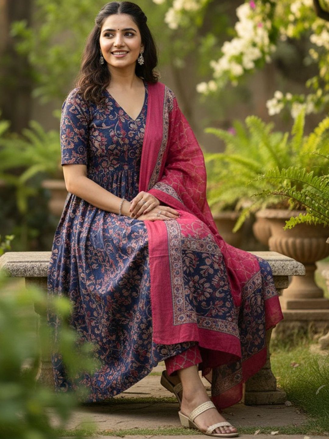 PITRIS Women Ethnic Motifs Printed Panelled Kurta with Trousers & With Dupatta