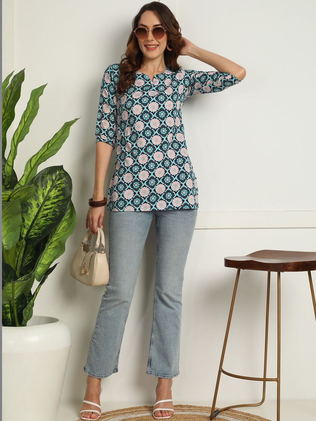 JANKHI Geometric Print Crepe Top