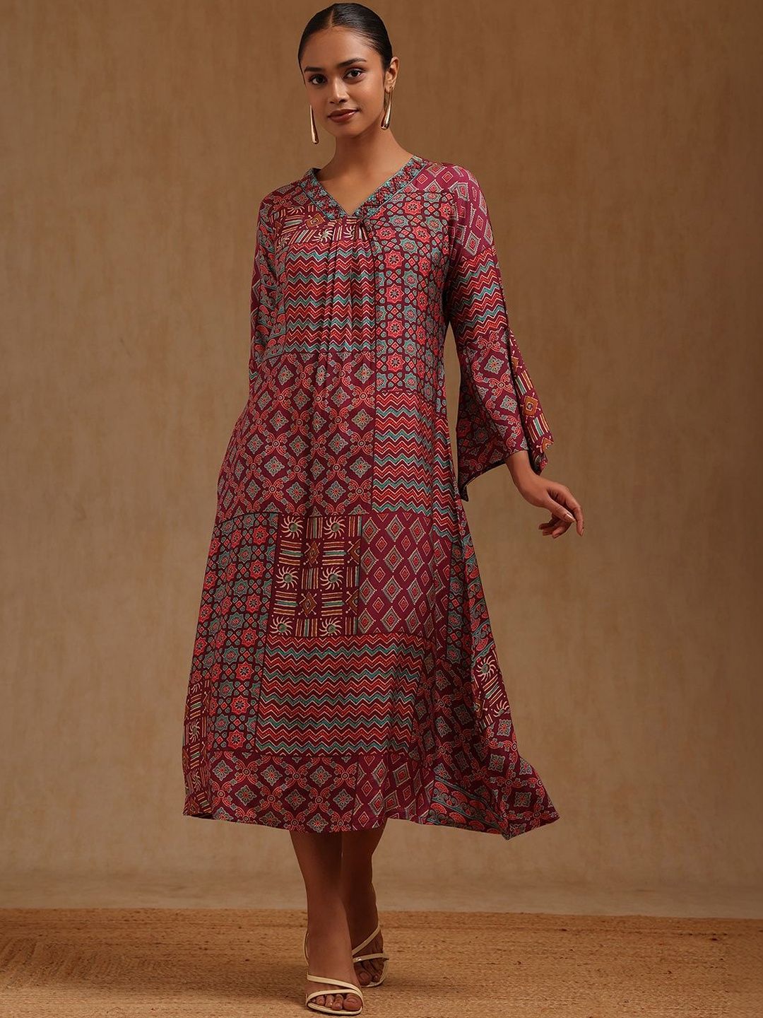 Buy Soch Womens Wine Muslin Ethnic Motifs Dress -  - Apparel for Women