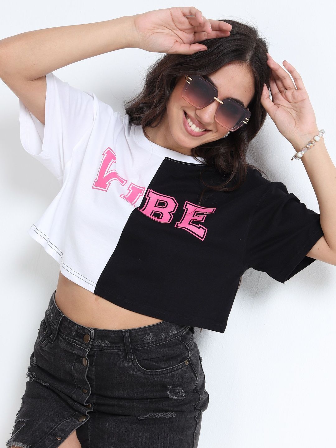 Vibe Women Typography Colourblocked Crop T-shirt