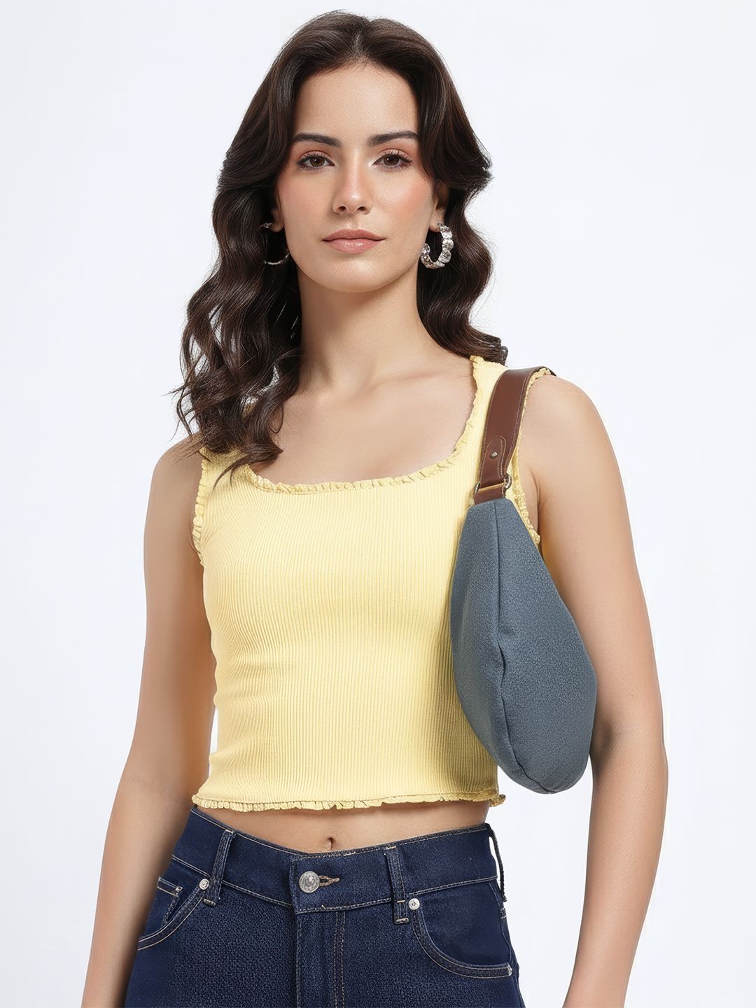 Buy Yellow Ribbed Fitted Scoop Neck Crop Tank Top - Tops for Women