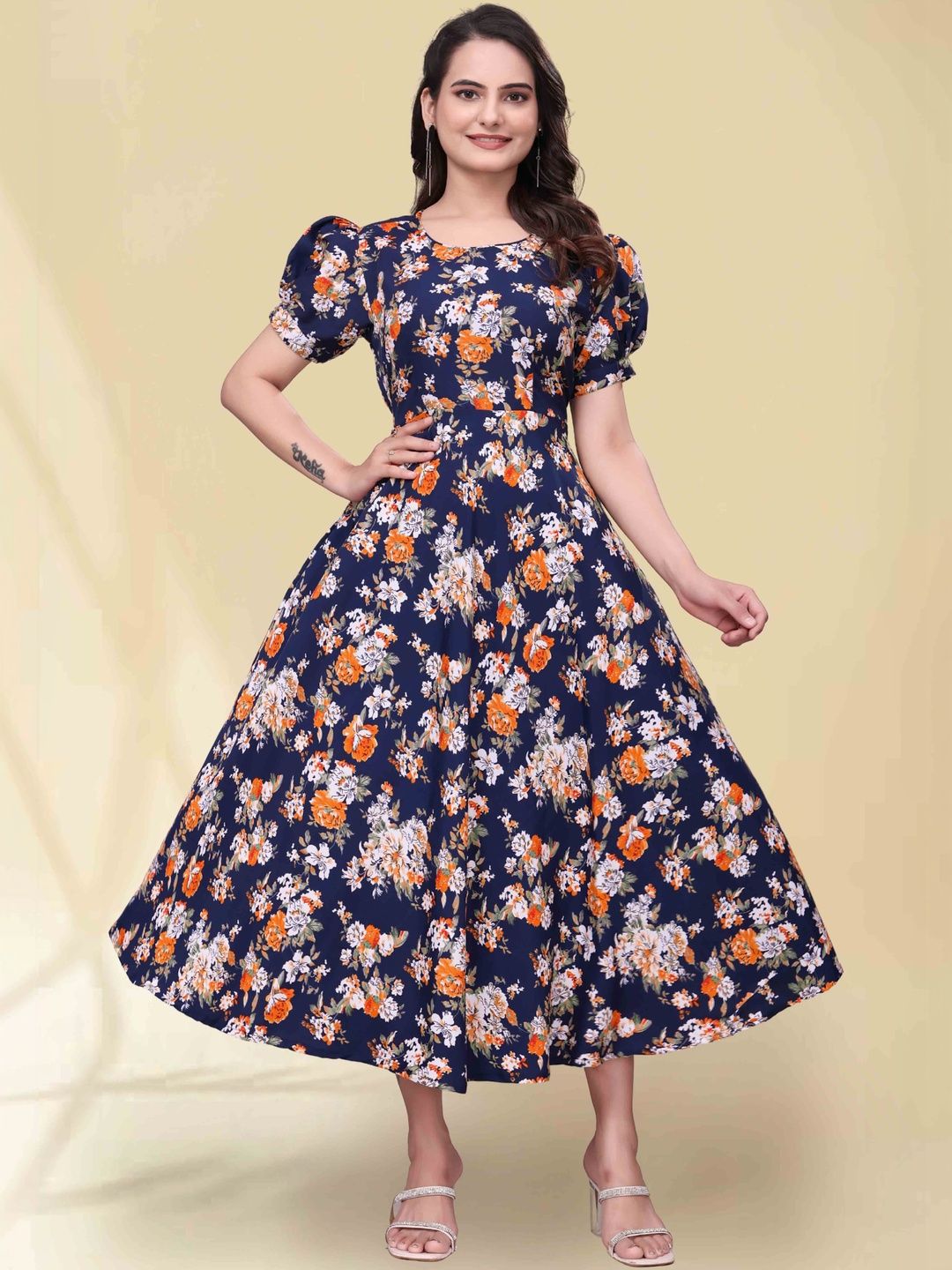 QENA Floral Print Puff Sleeve Applique Georgette Fit & Flare Midi Dress