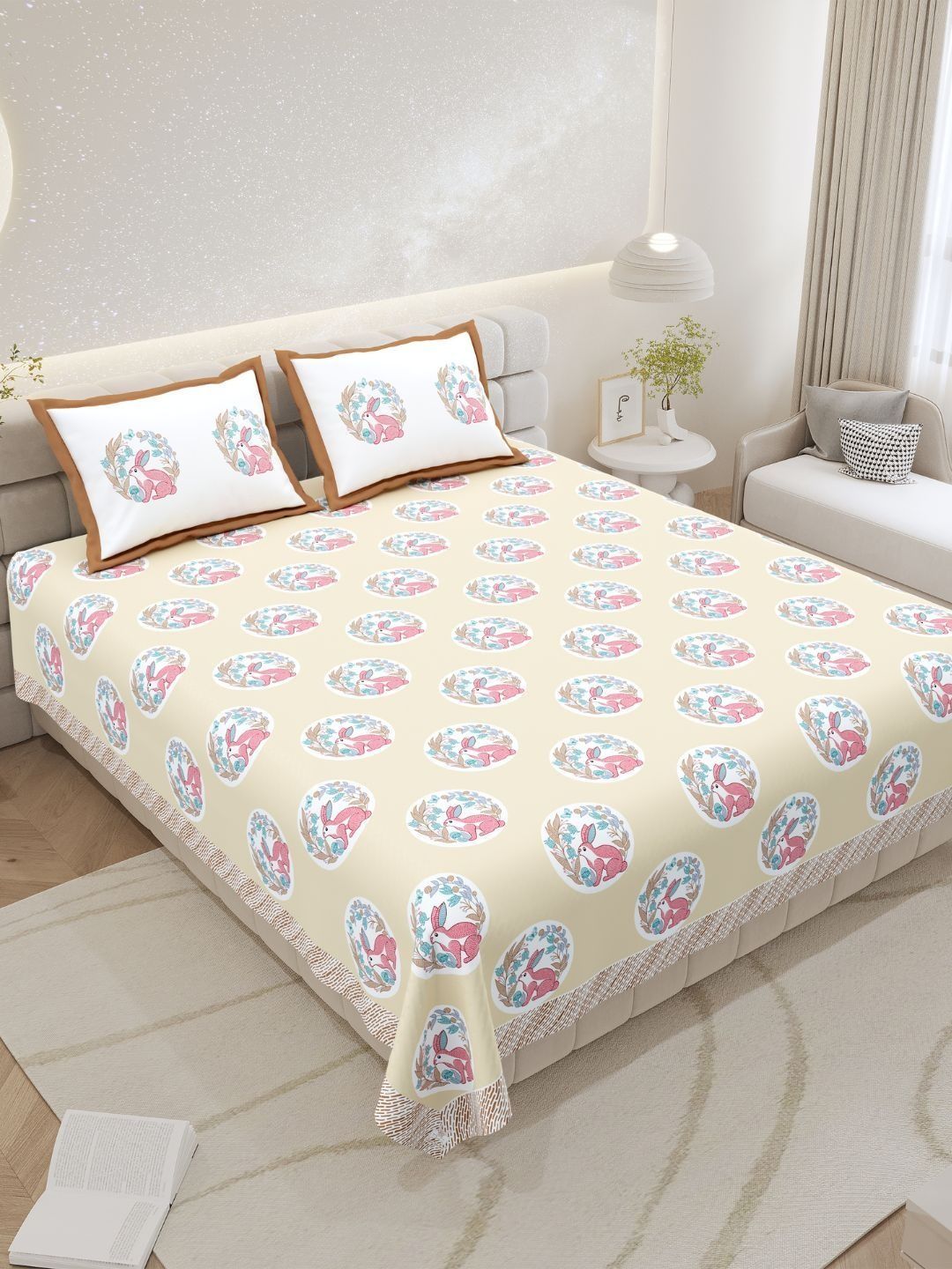 JAIPUR FABRIC Cream-Coloured Super King Bedsheet with 2 Pillow Covers