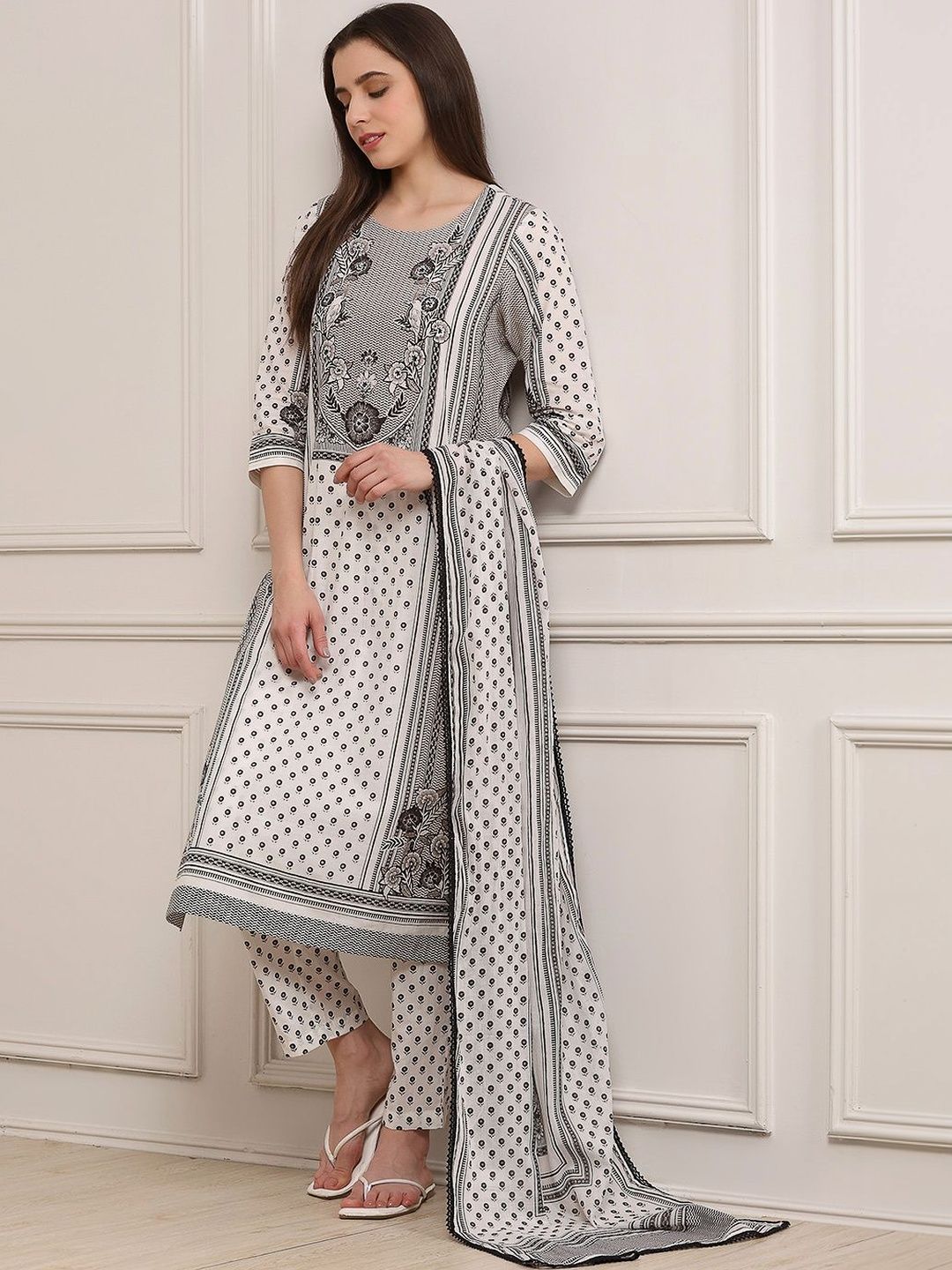 Biba Women Ethnic Motifs Printed Regular Pure Cotton Kurta with Trousers & With Dupatta