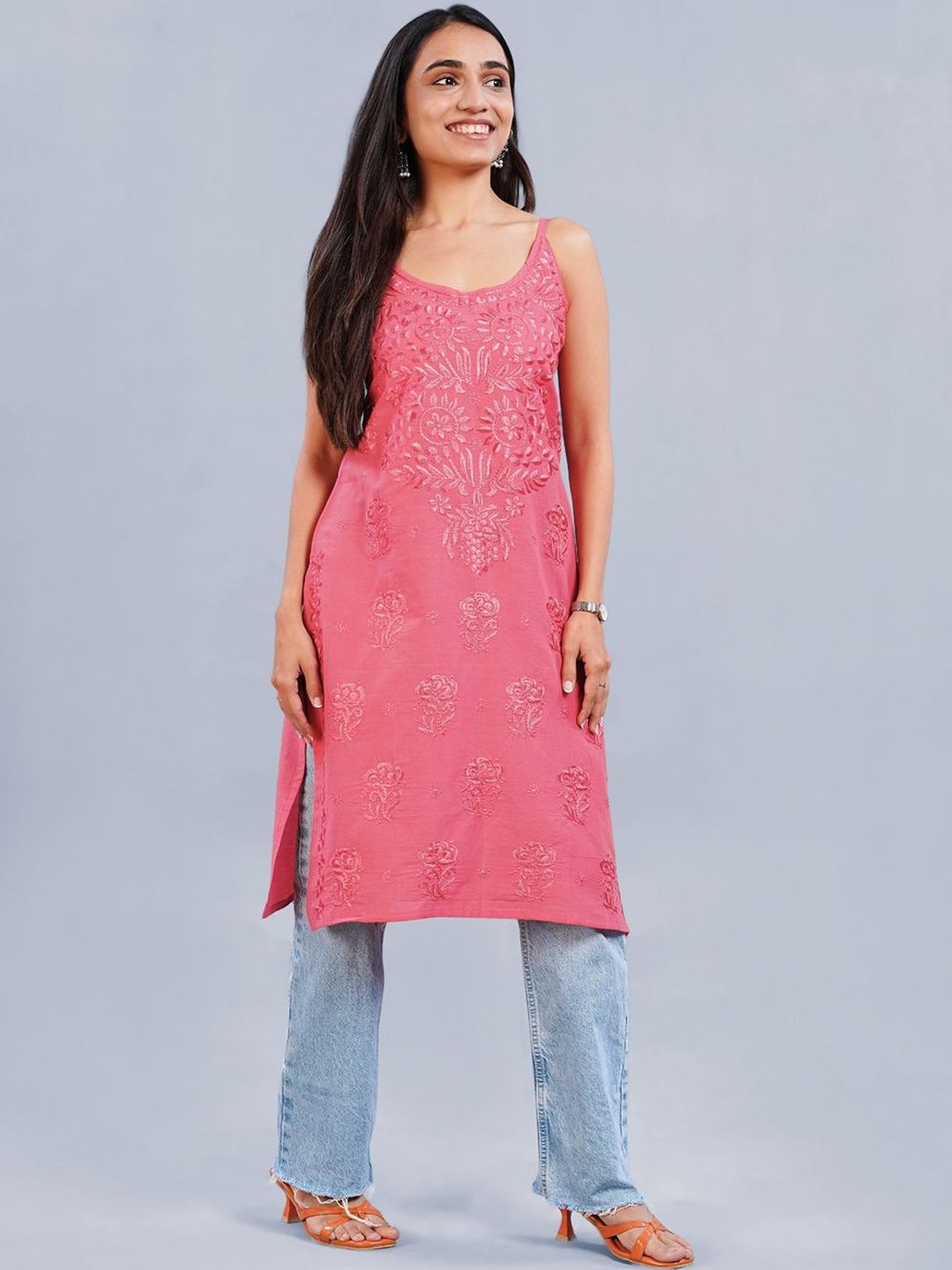 colorkosh Ethnic Motifs Embroidered Chikankari Pure Cotton Chikankari Kurti