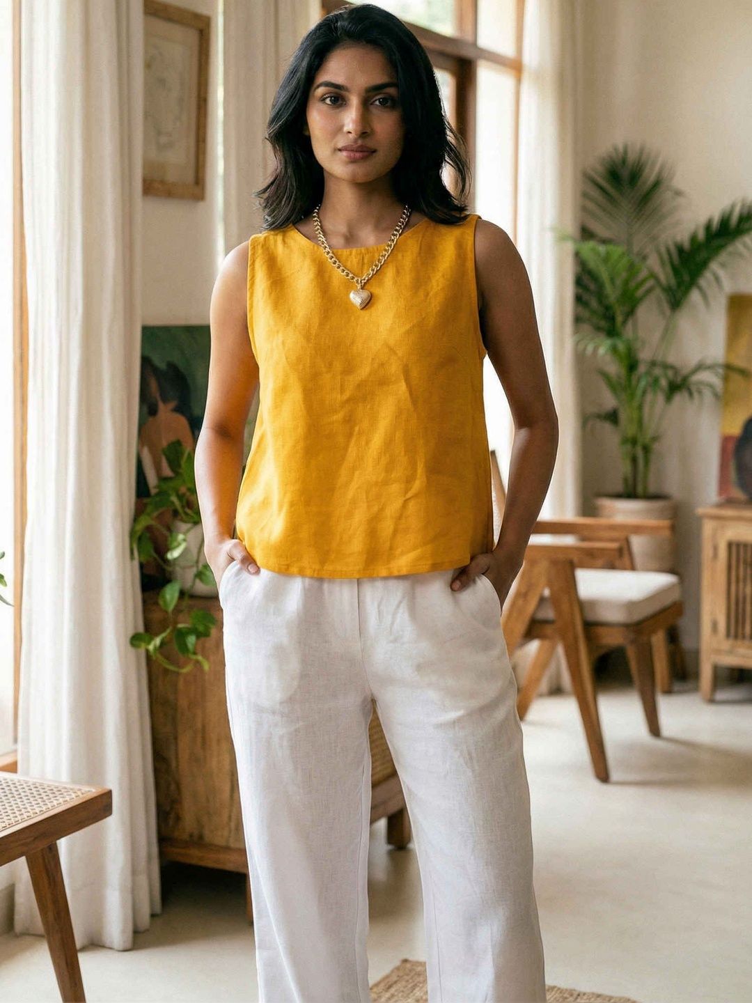 dhaaga Jewel Neck Linen Top