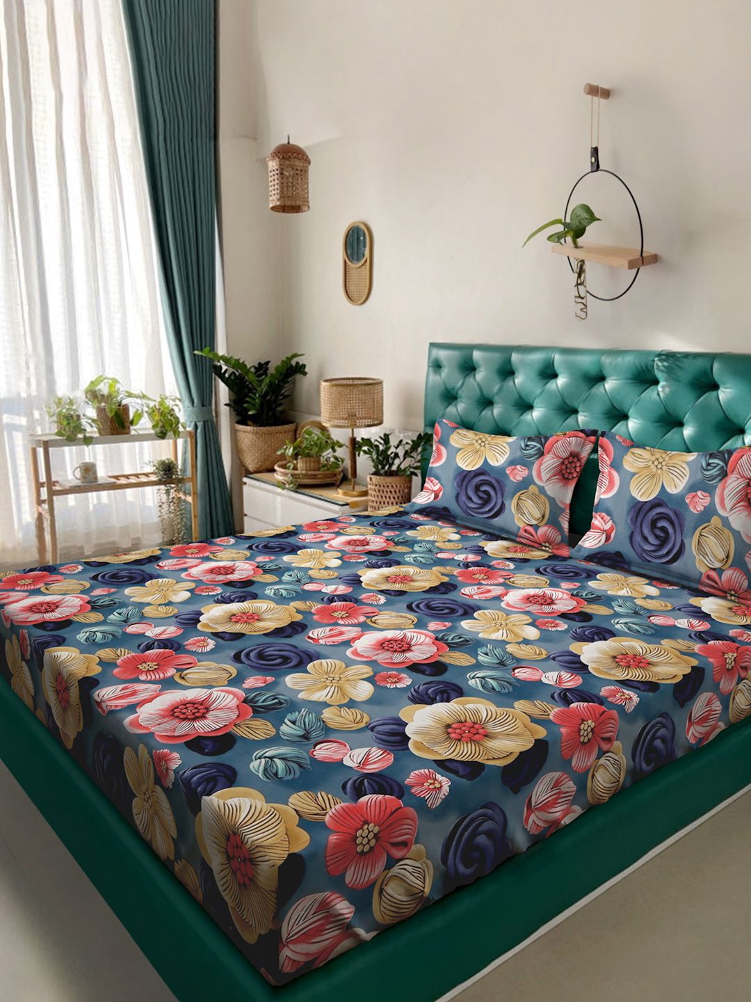 KLOTTHE Blue & Pink Floral Printed Flat 300 TC King Double 7D Bedsheet With 2 Pillow Cover