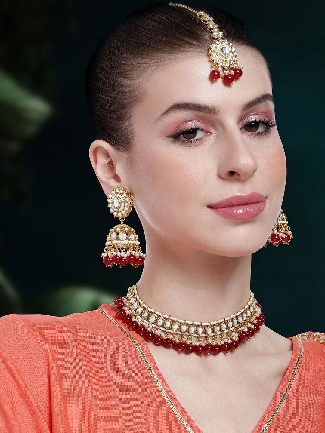 Buy Peora Women Gold Plated Kundan Studded Choker Necklace With Earrings & Maangtikka -  - Accessories for Women