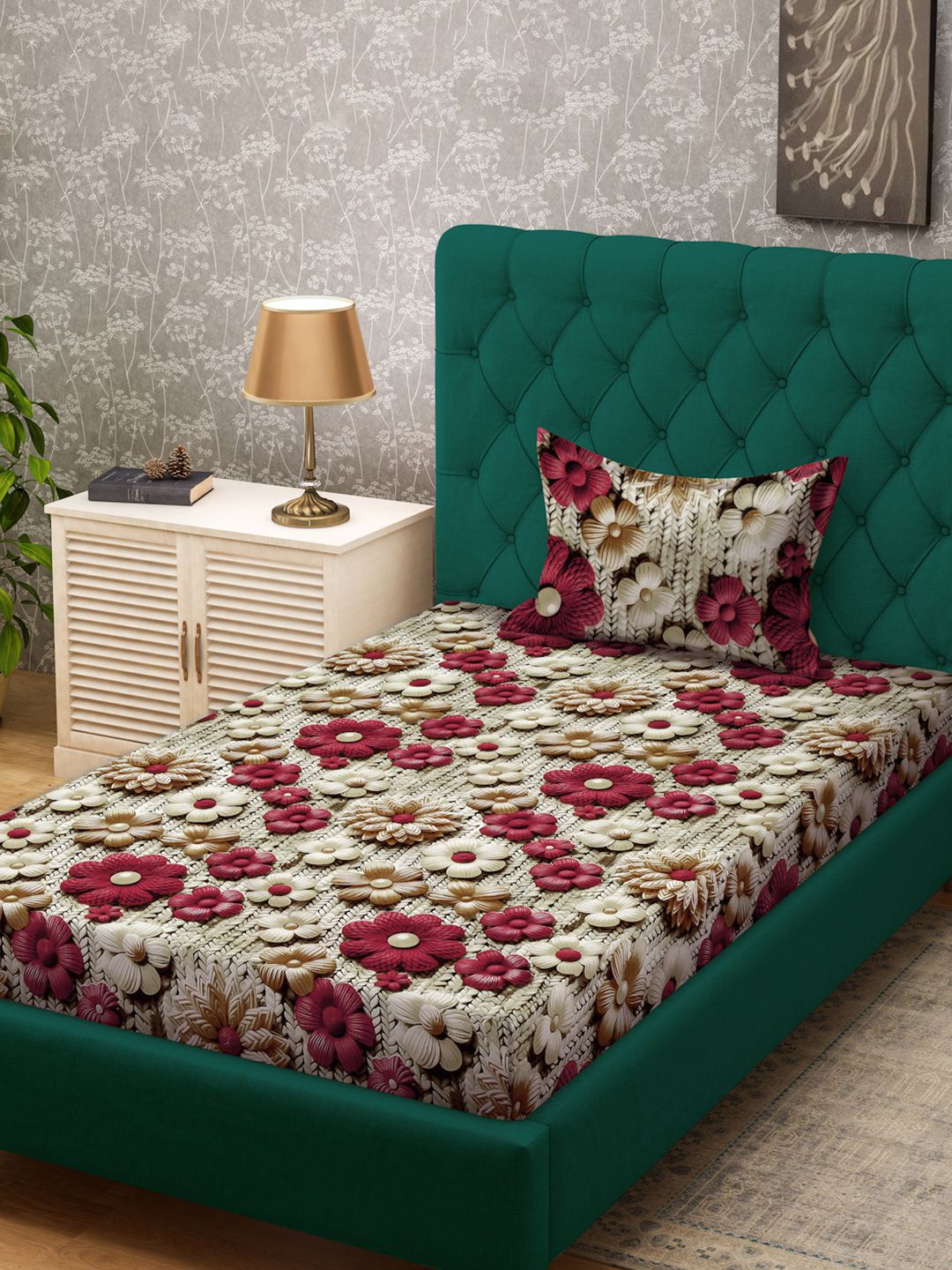 KLOTTHE Beige & Red Floral Printed Flat 300 TC Single 7D Bedsheet With Pillow Cover