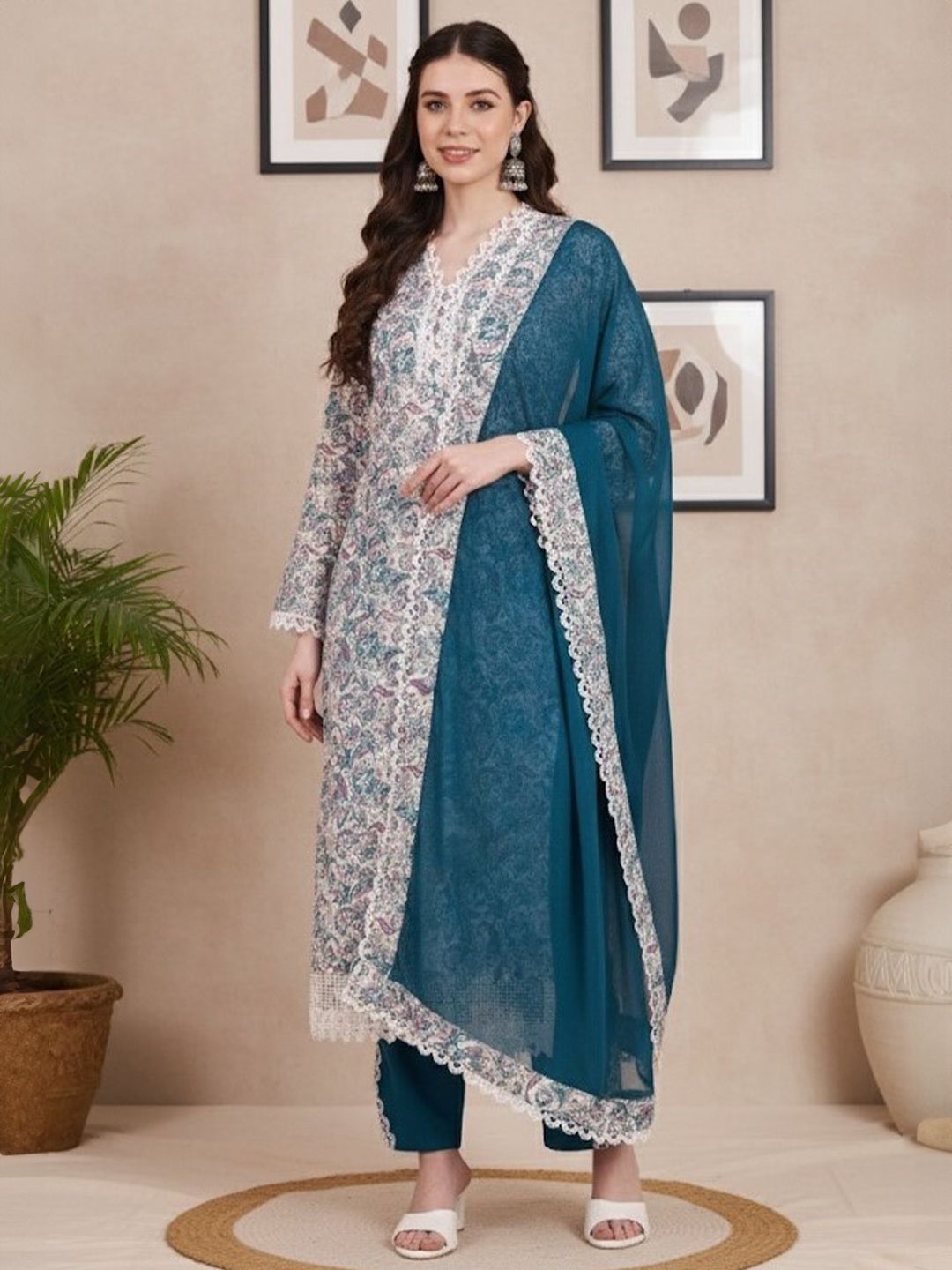 KALINI Women Floral Printed Regular Pure Cotton Kurta with Trousers & With Dupatta