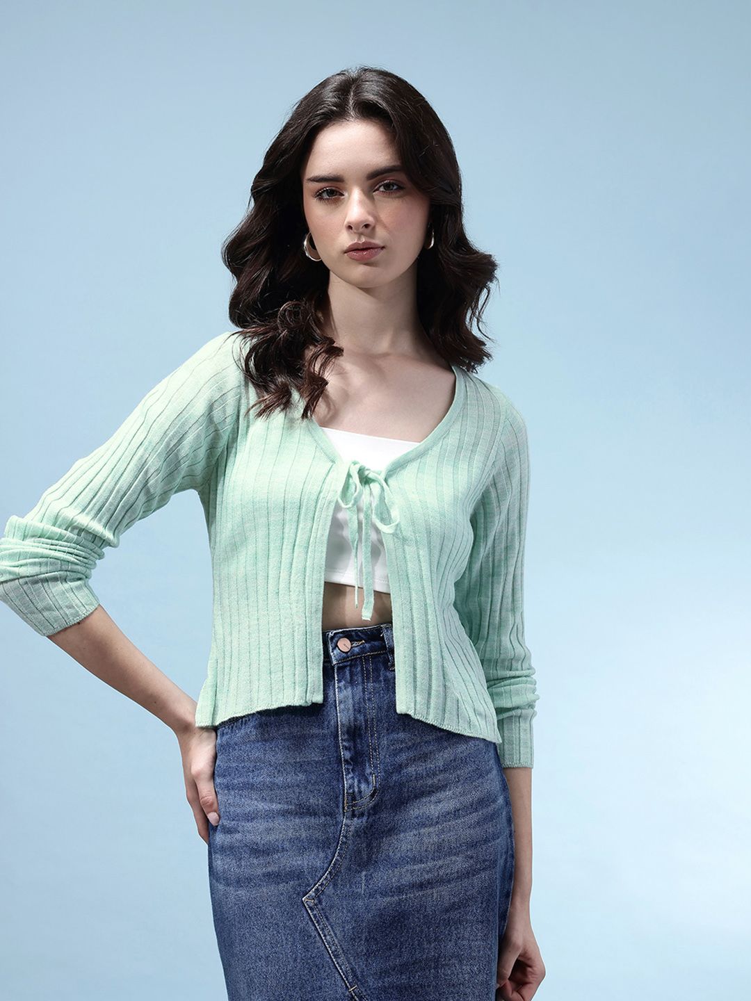glitchez V-Neck Ribbed Crop Cardigan with Tie-Up Detail