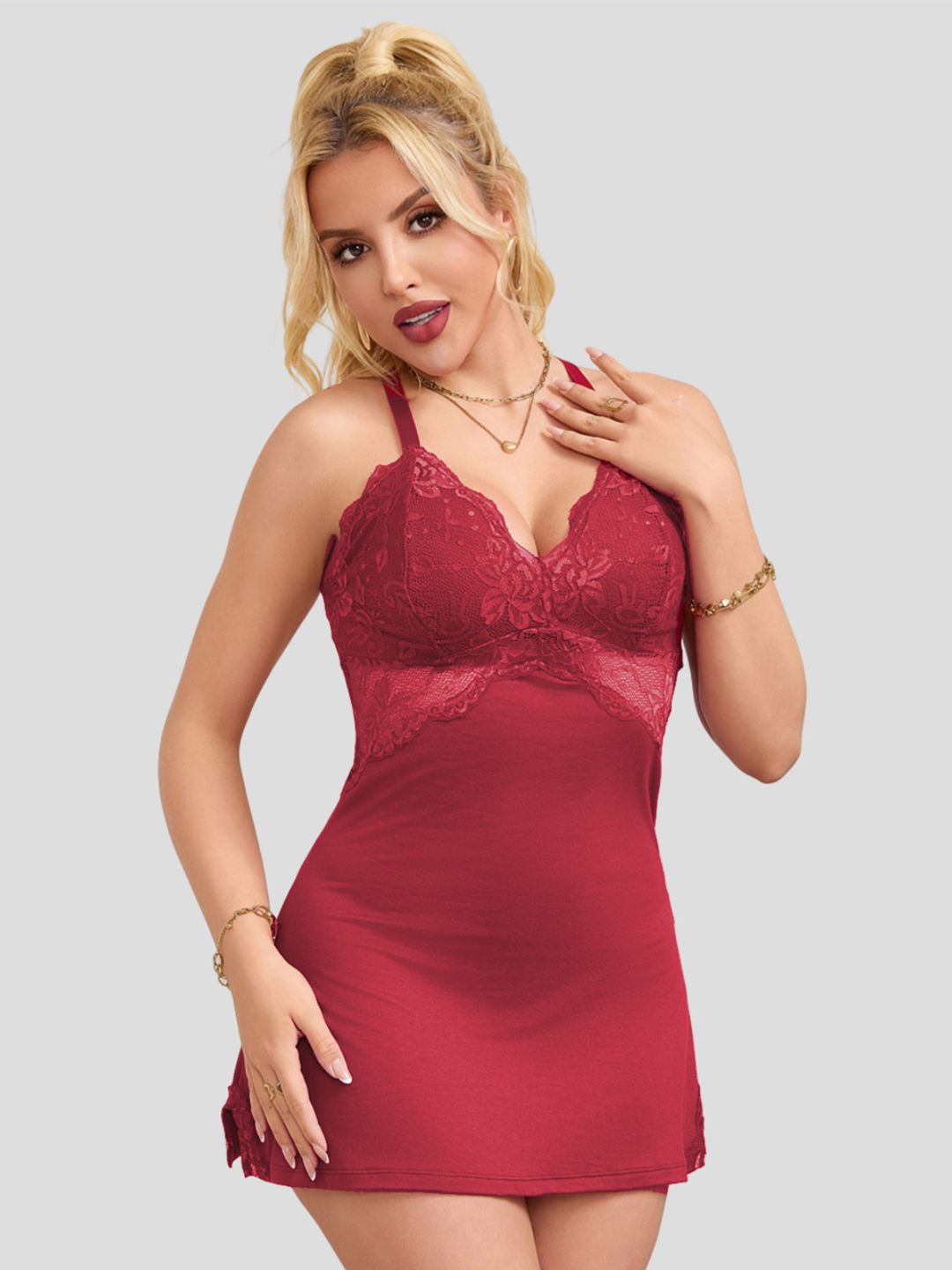 Herryqeal Maroon Self Design Lace Baby Doll