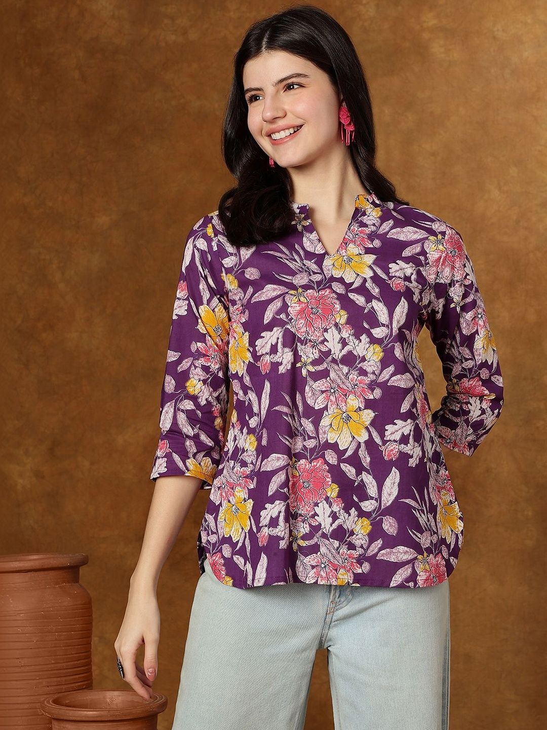 Varun Handicraft Floral Print Mandarin Collar Cotton Top