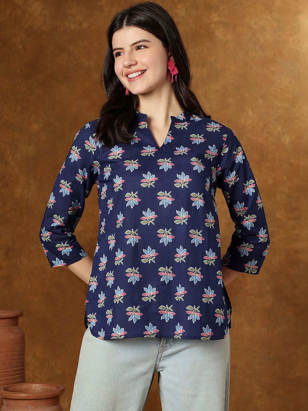 Varun Handicraft Floral Print Mandarin Collar Cotton Top