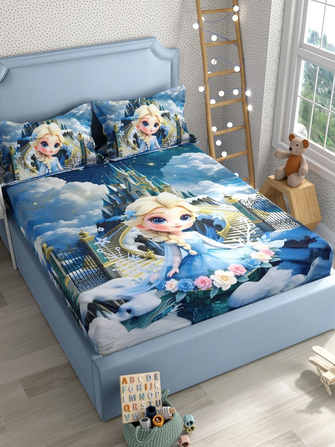 Pure Decor Magical Blue Kids Boys 7D Digital 130 TC Double Bedsheet & 2 Pillow Covers