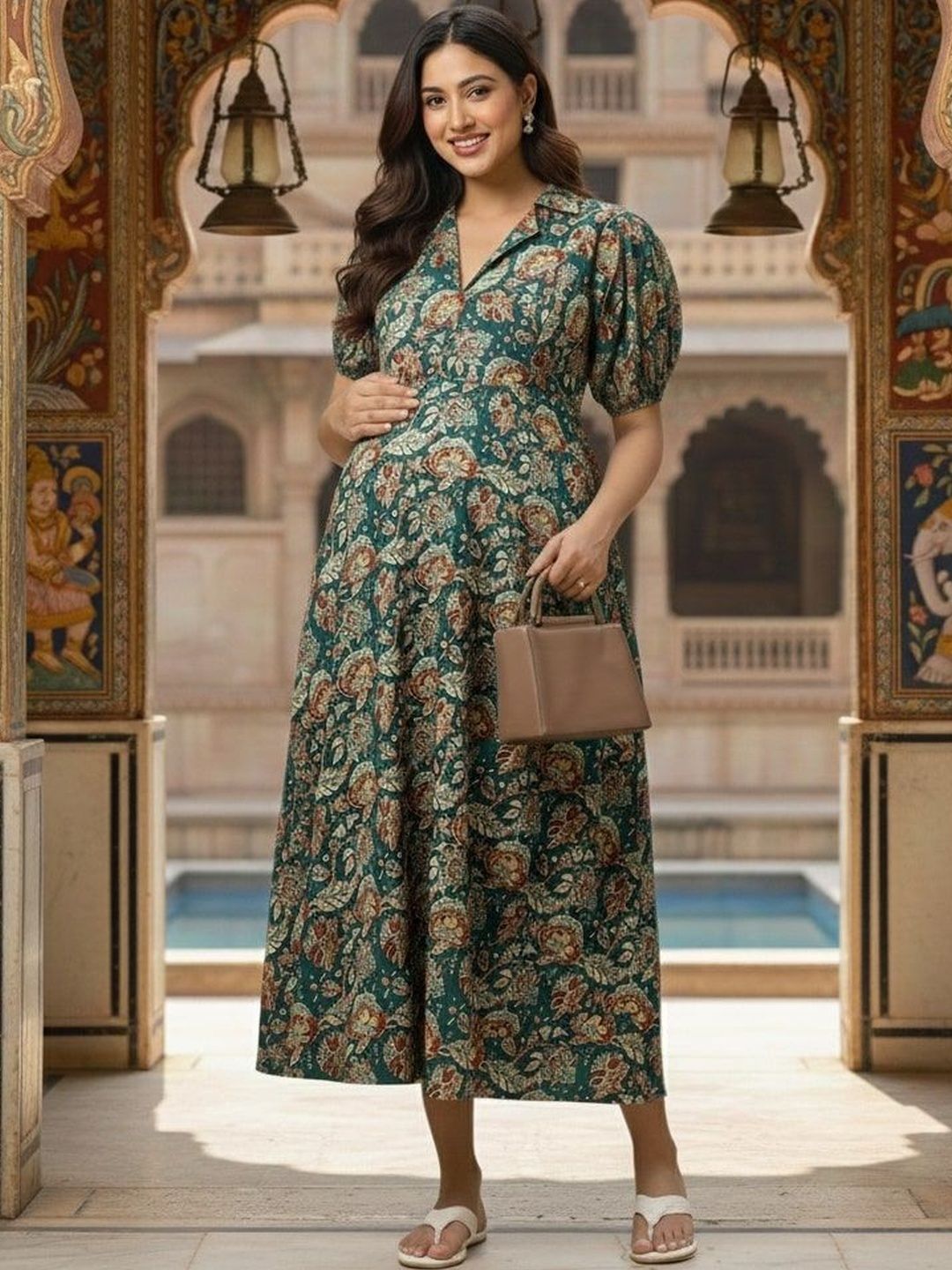 Pahanawa Floral Print Puff Sleeve Maternity A-Line Midi Dress