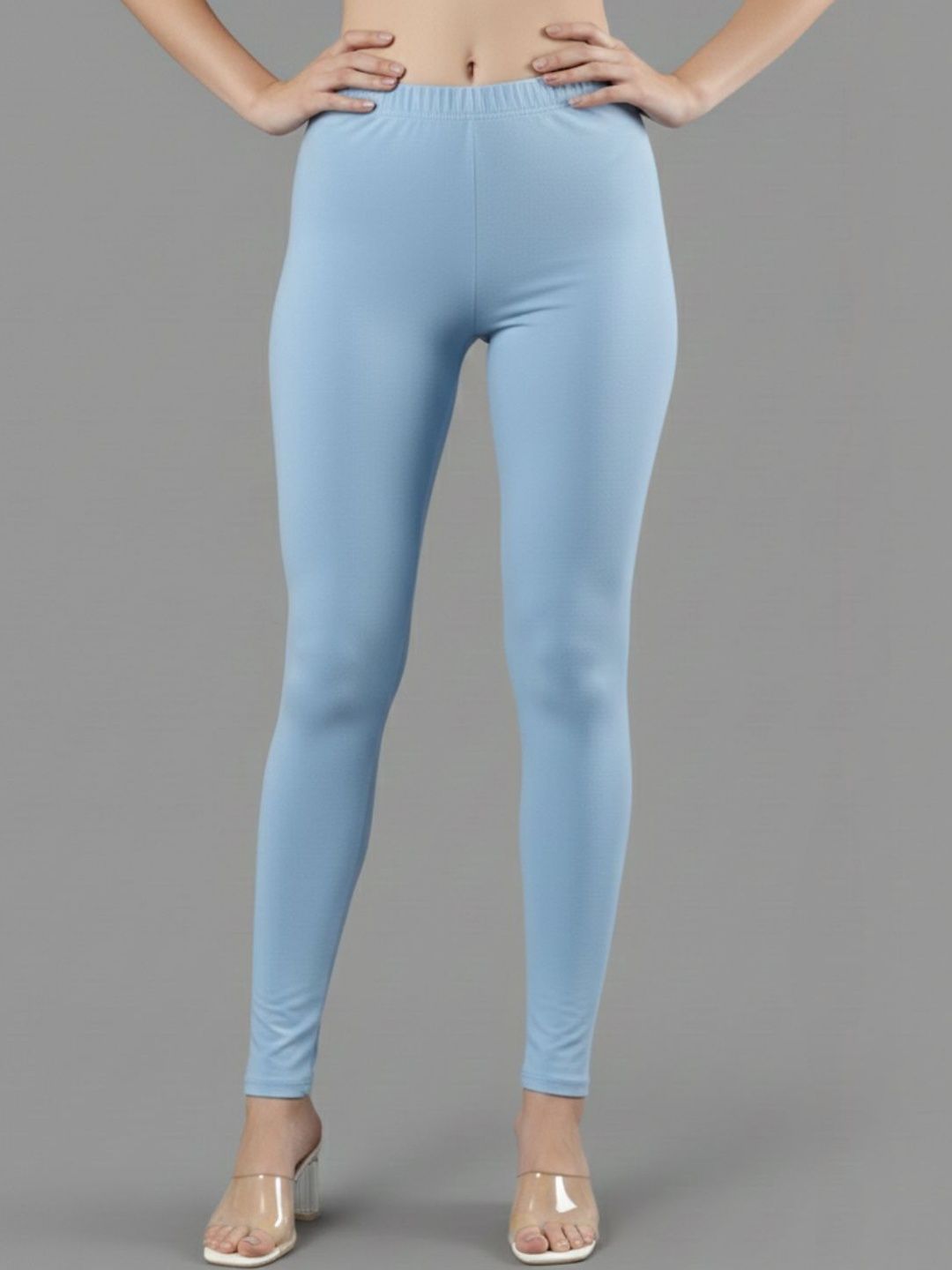 ZAYANQA Women Solid Slim-Fit Mid Rise Sky Blue Ankle-Length Cotton Leggings