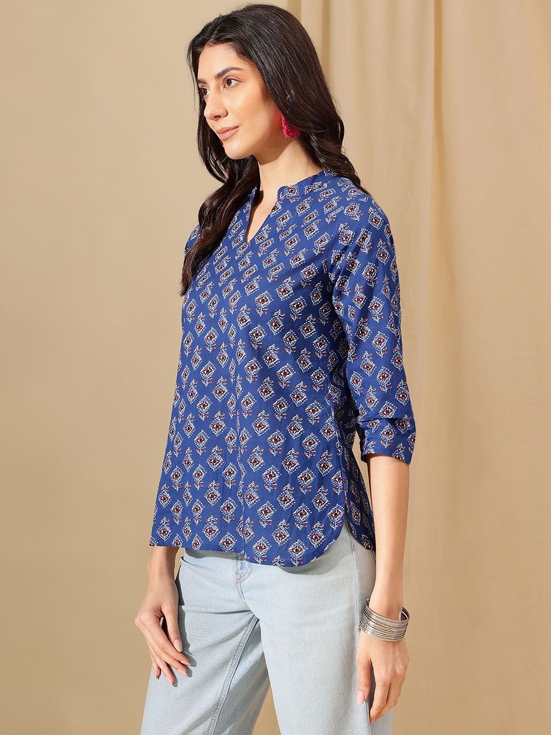Varun Handicraft Geometric Print Mandarin Collar Cotton Top