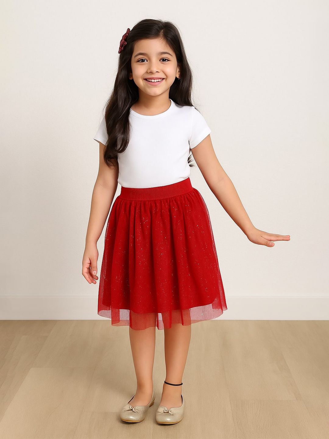 Miyo Girls Red Solid Flared Knee Length Skirts