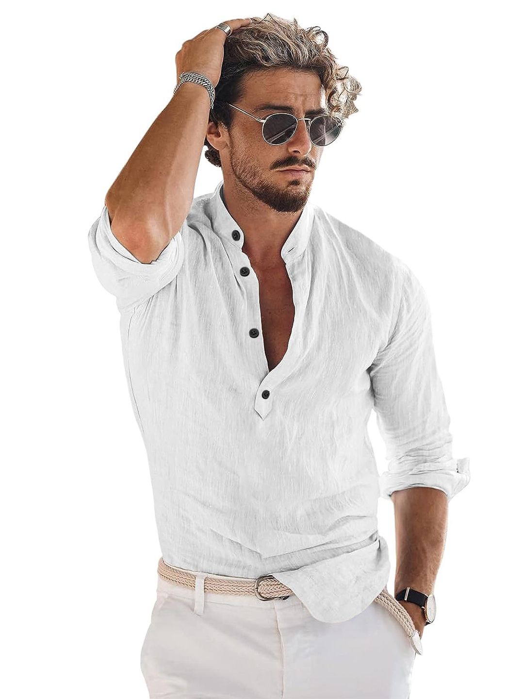 Bellstone Men Solid Regular Fit Mandarin Collar Cotton Blend Casual Shirt