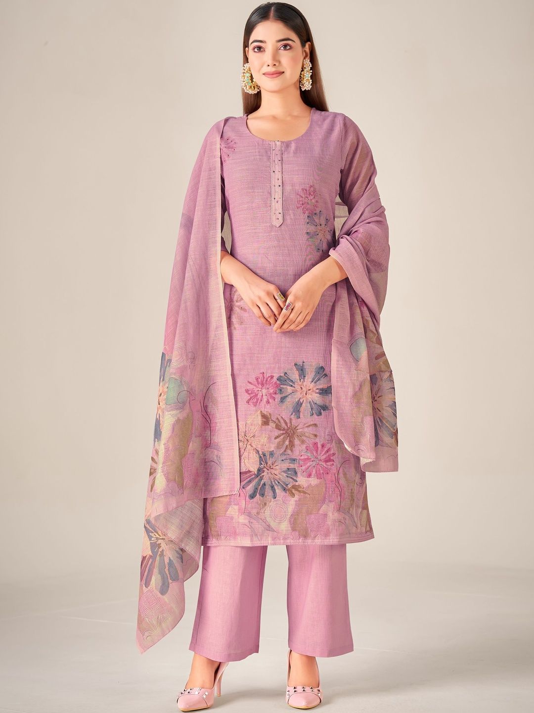 IOLY Women Floral Printed Regular Linen Kurta with Trousers & With Dupatta