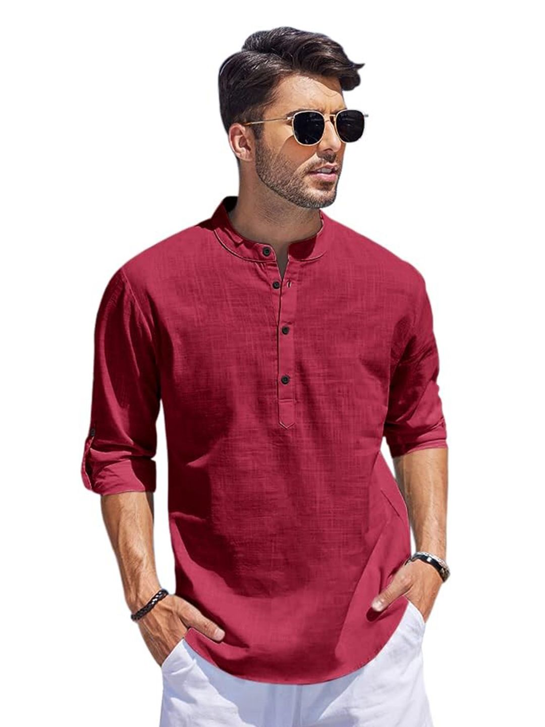 Bellstone Men Solid Regular Fit Mandarin Collar Cotton Blend Casual Shirt