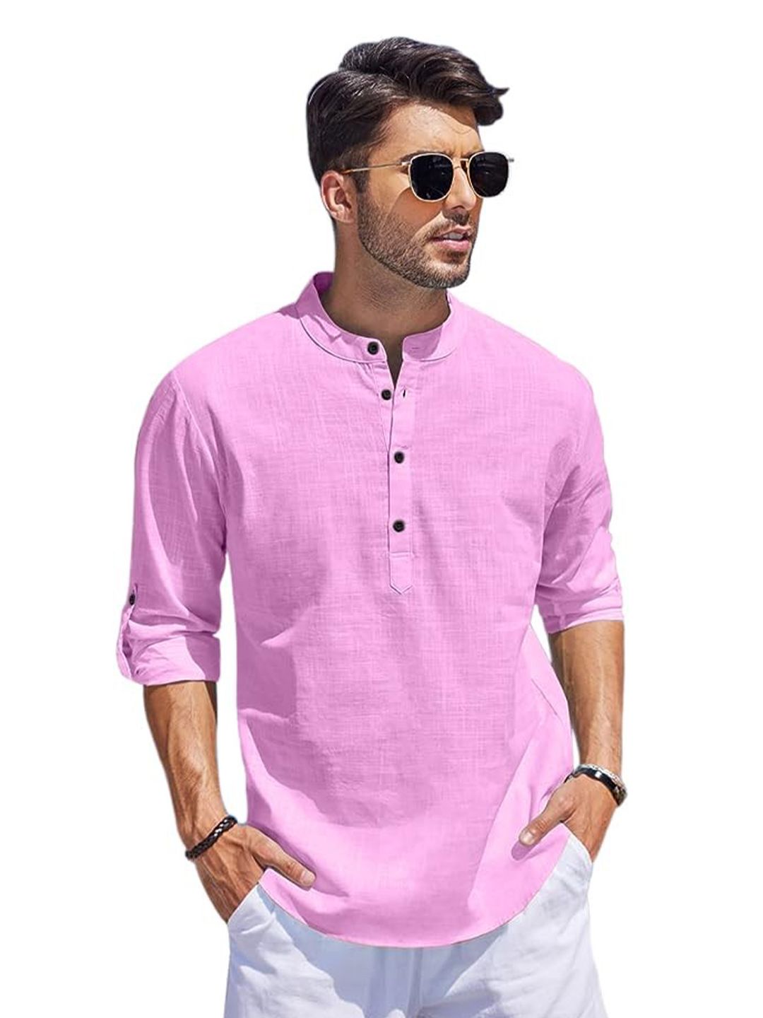 Bellstone Men Solid Regular Fit Mandarin Collar Cotton Blend Casual Shirt