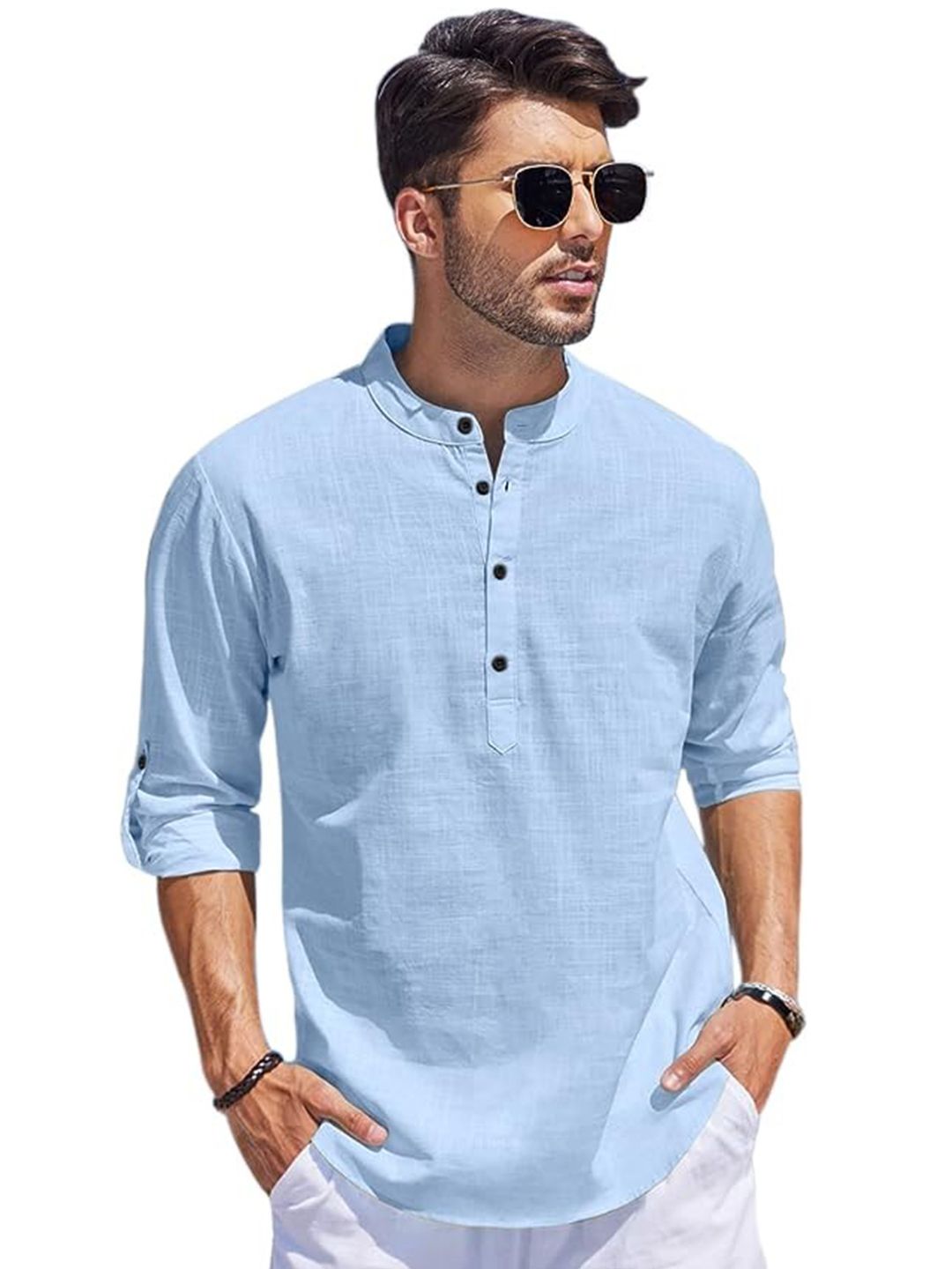 Bellstone Men Solid Regular Fit Mandarin Collar Cotton Blend Casual Shirt