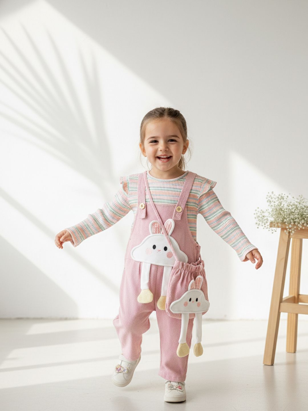 Kids Girls Applique Dungarees With T-Shirt & Pouch