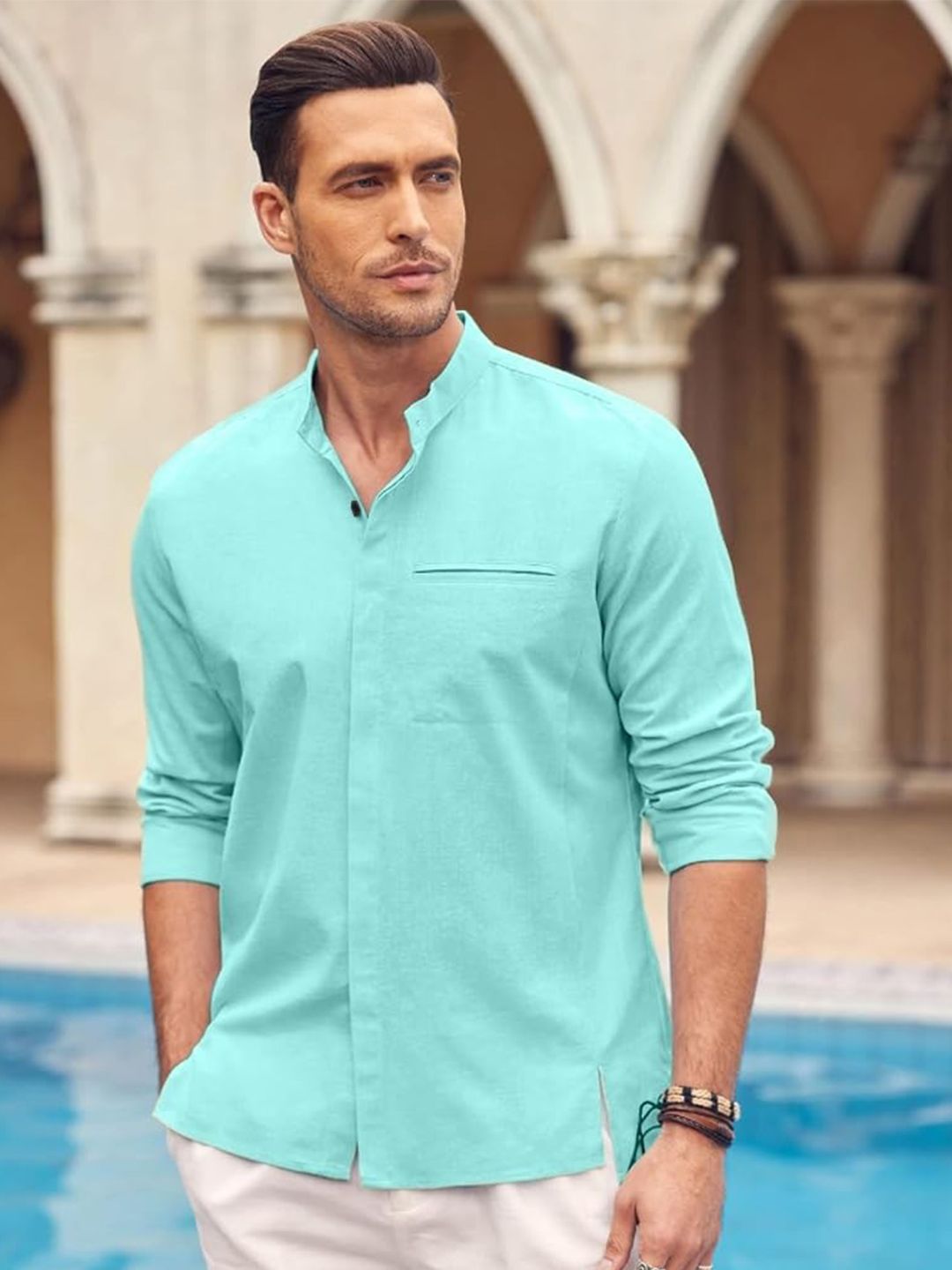 Bellstone Men Regular Fit Mandarin Collar Cotton Blend Casual Shirt
