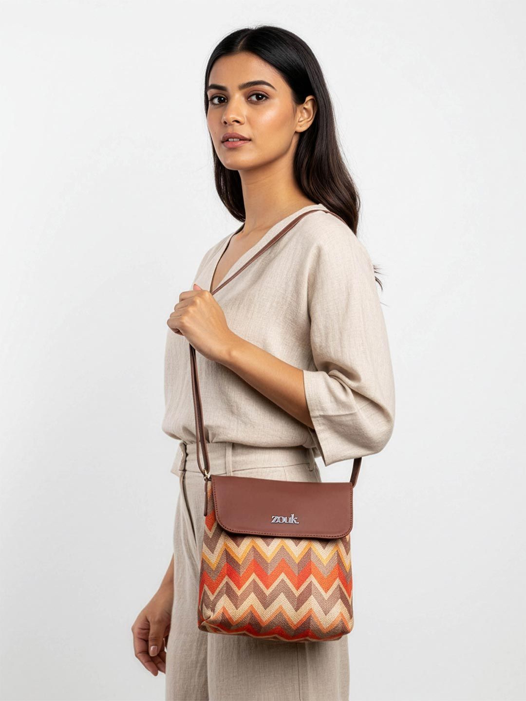 ZOUK Geometric Printed Structured Sling Bag Flap Handbag