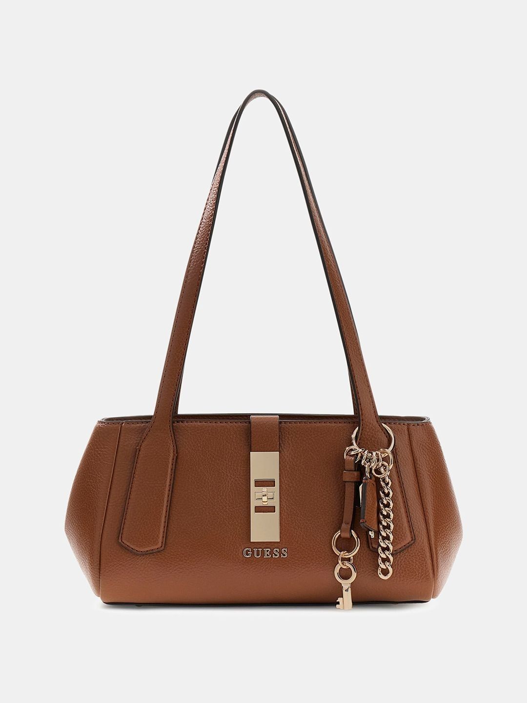 GUESS Cognac Brand Logo Textured Medium Structured Handheld Bag