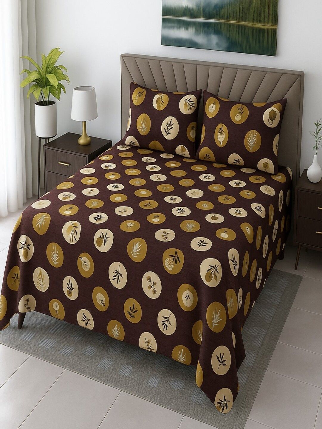 Threadwear Brown Floral 400 TC Super King Bedsheet with 2 Pillow Covers