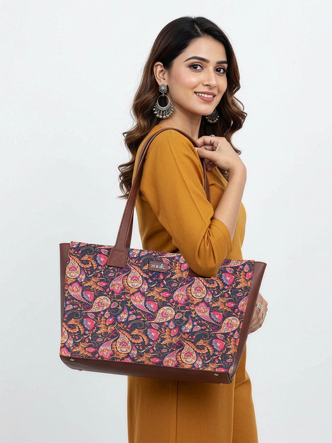 ZOUK Paisley Ethnic Motifs Printed Jute Laptop Compartment Large Structured Tote Bag