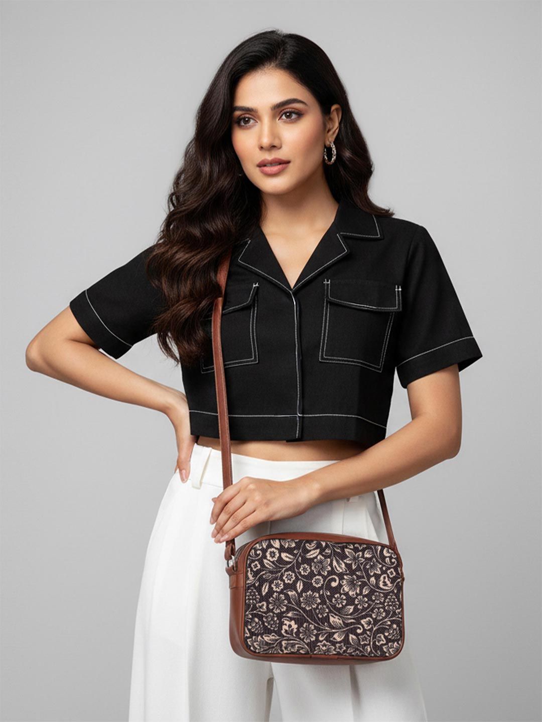 Buy ZOUK Flomotif Ethnic Motifs Fabric Printed Adjustable Strap Zip Detail Structured Sling Bag -  - Accessories for Women