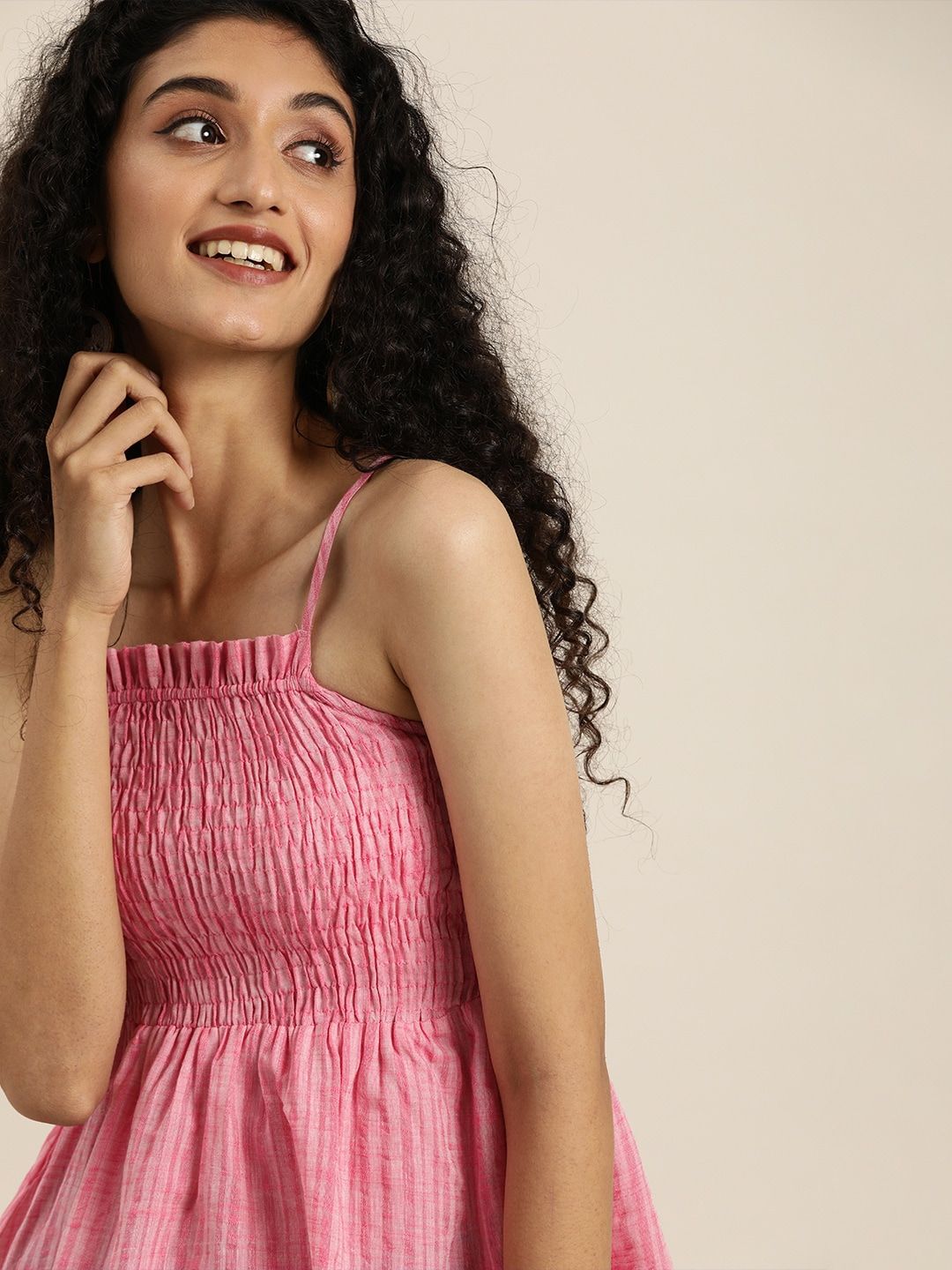 Taavi X fwd Pink Striped Woven Legacy A-Line  Cotton Top with Smocking Detail