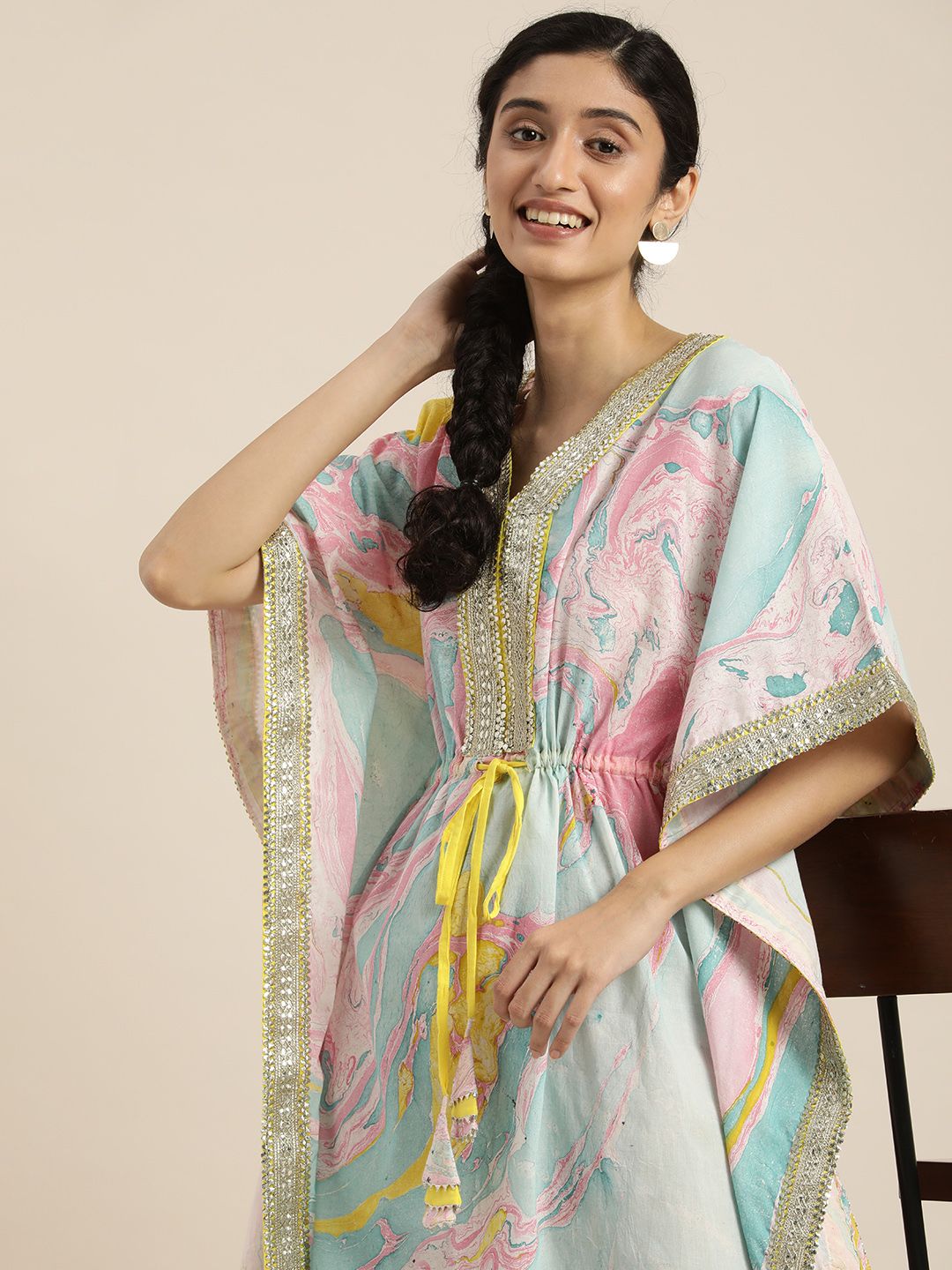 Buy Taavi Women Blue & Pink Pure Cotton Marbel Print Kaftaan Kurta -  - Apparel for Women