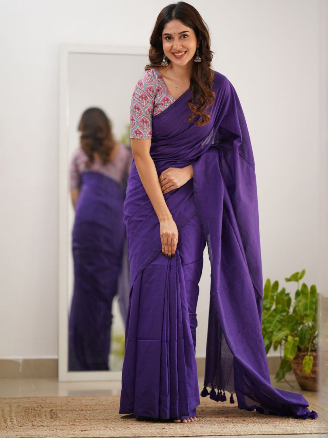 Sutisancha  Purple Handloom Cotton Saree with Grey Print Blouse