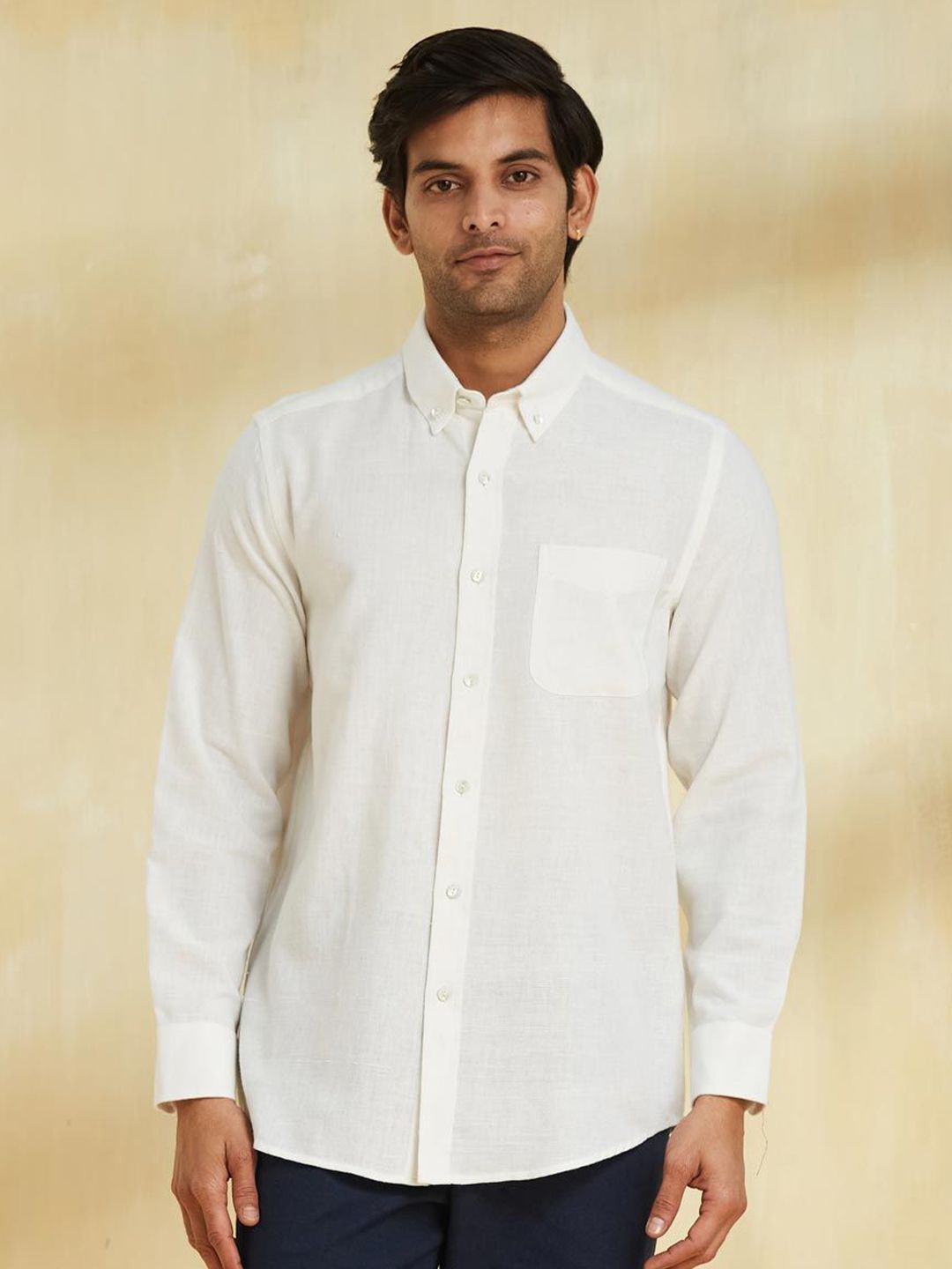 Fabindia Men Relaxed Fit Button-Down Collar Solid Cotton Casual Shirt