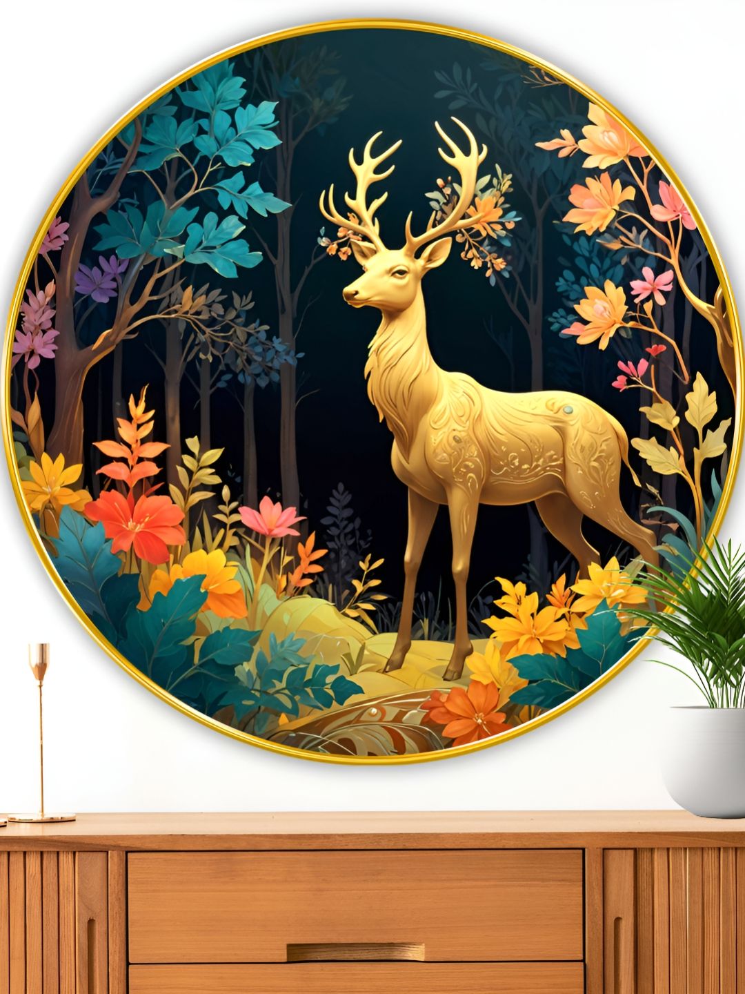Myntra Elegant Homes Teal And Yellow Deer Wood Wall Art