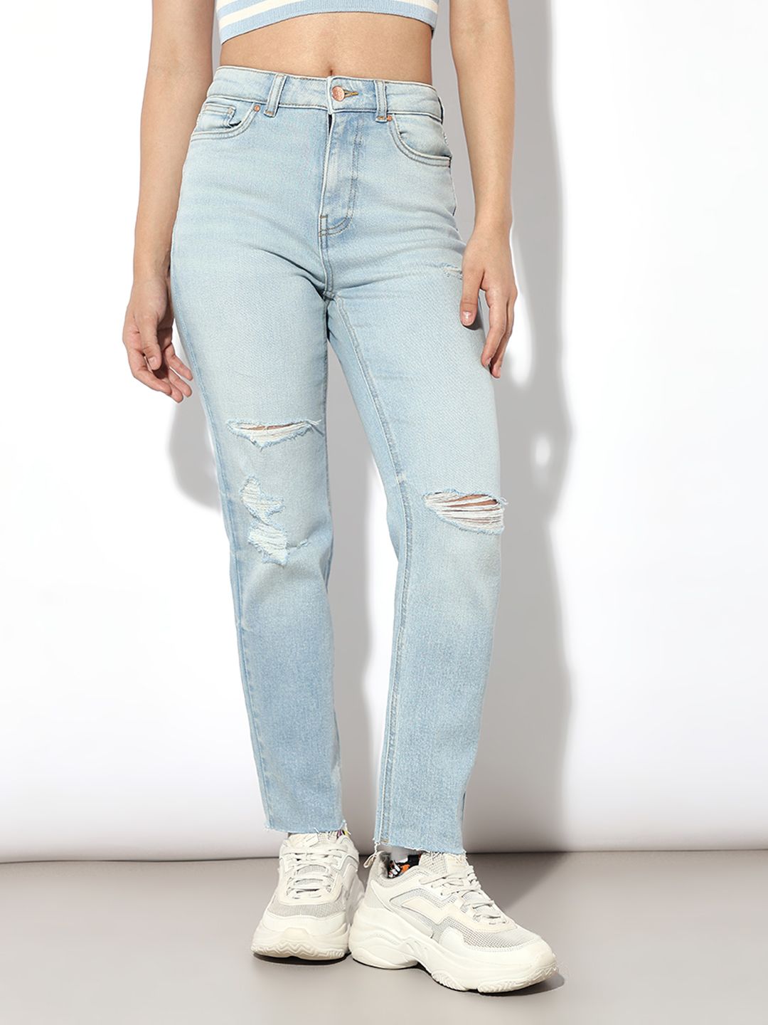 ONLY Women Slim Fit High-Rise Mildly Distressed Light Fade Jeans