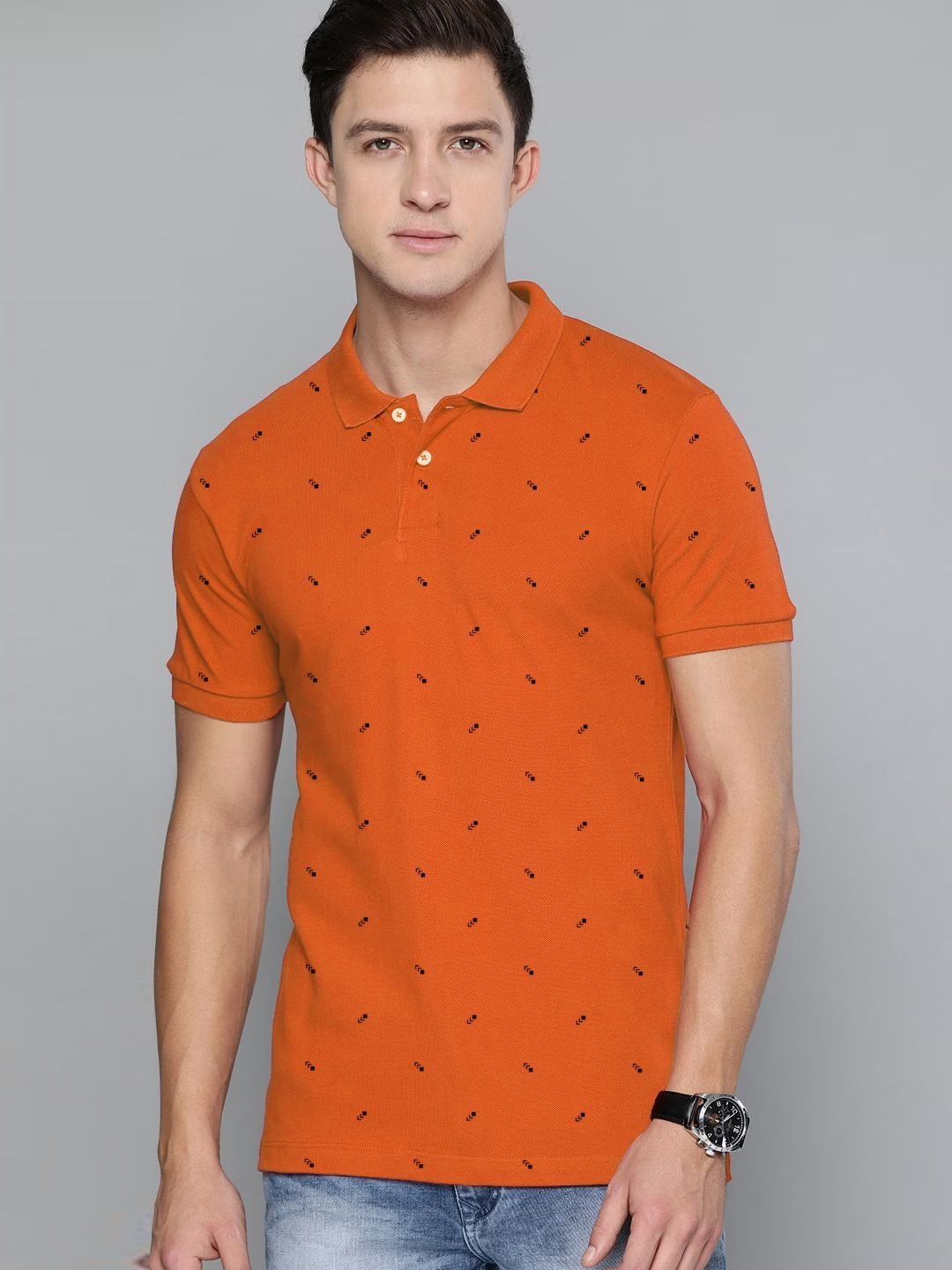 MERRIMENT Men Geometric Printed Polo Collar Cotton T-shirt