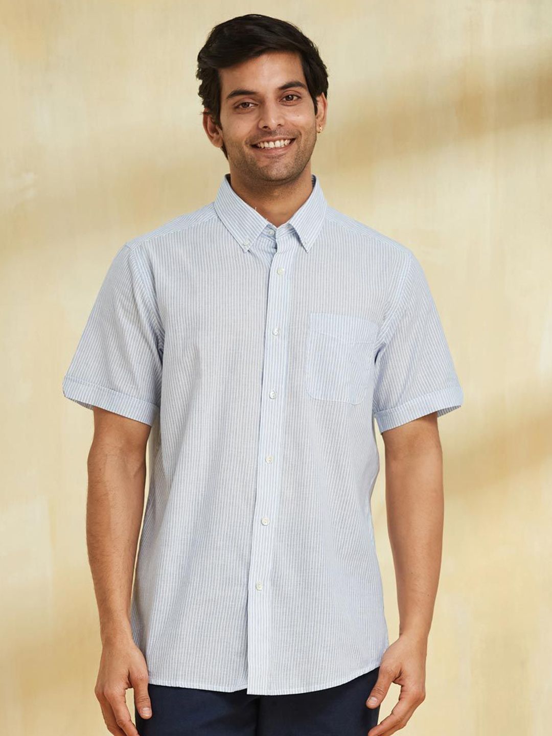 Fabindia Men Regular Fit Button-Down Collar Vertical Striped Cotton Casual Shirt