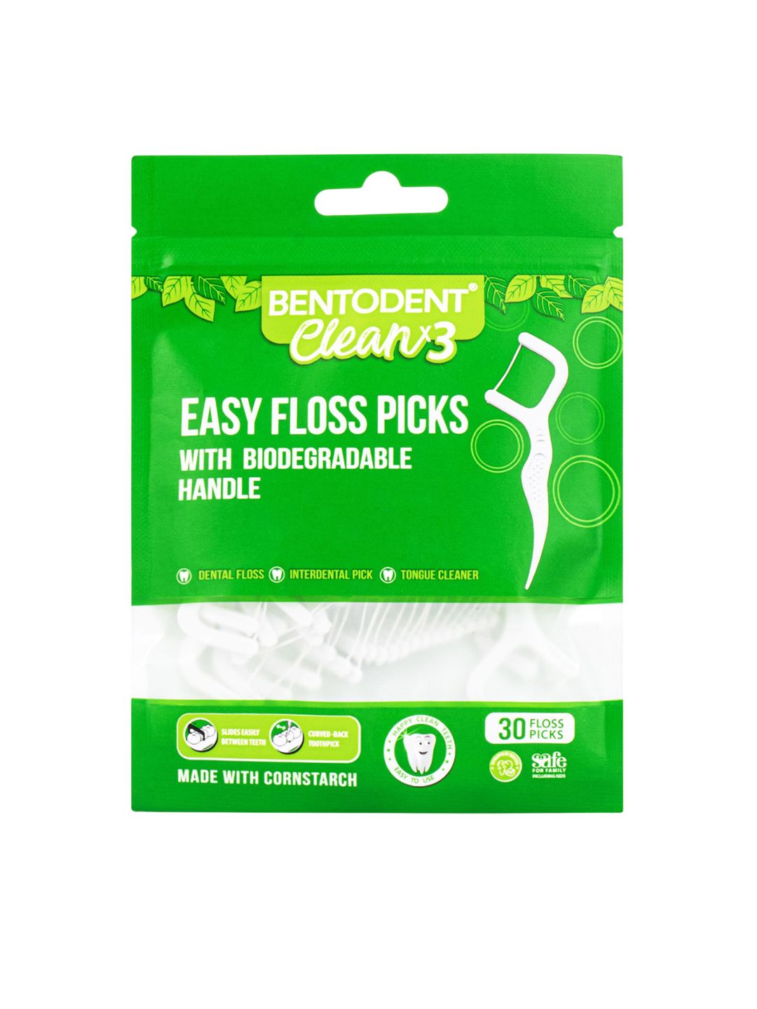 BENTODENT Clean X3 Easy Floss Picks With Biodegradable Handle - 30 Pcs