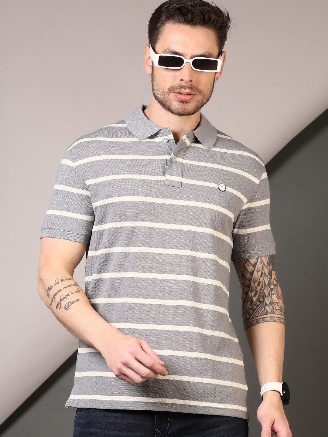 V-Mart Men Striped Polo Collar Cotton T-shirt