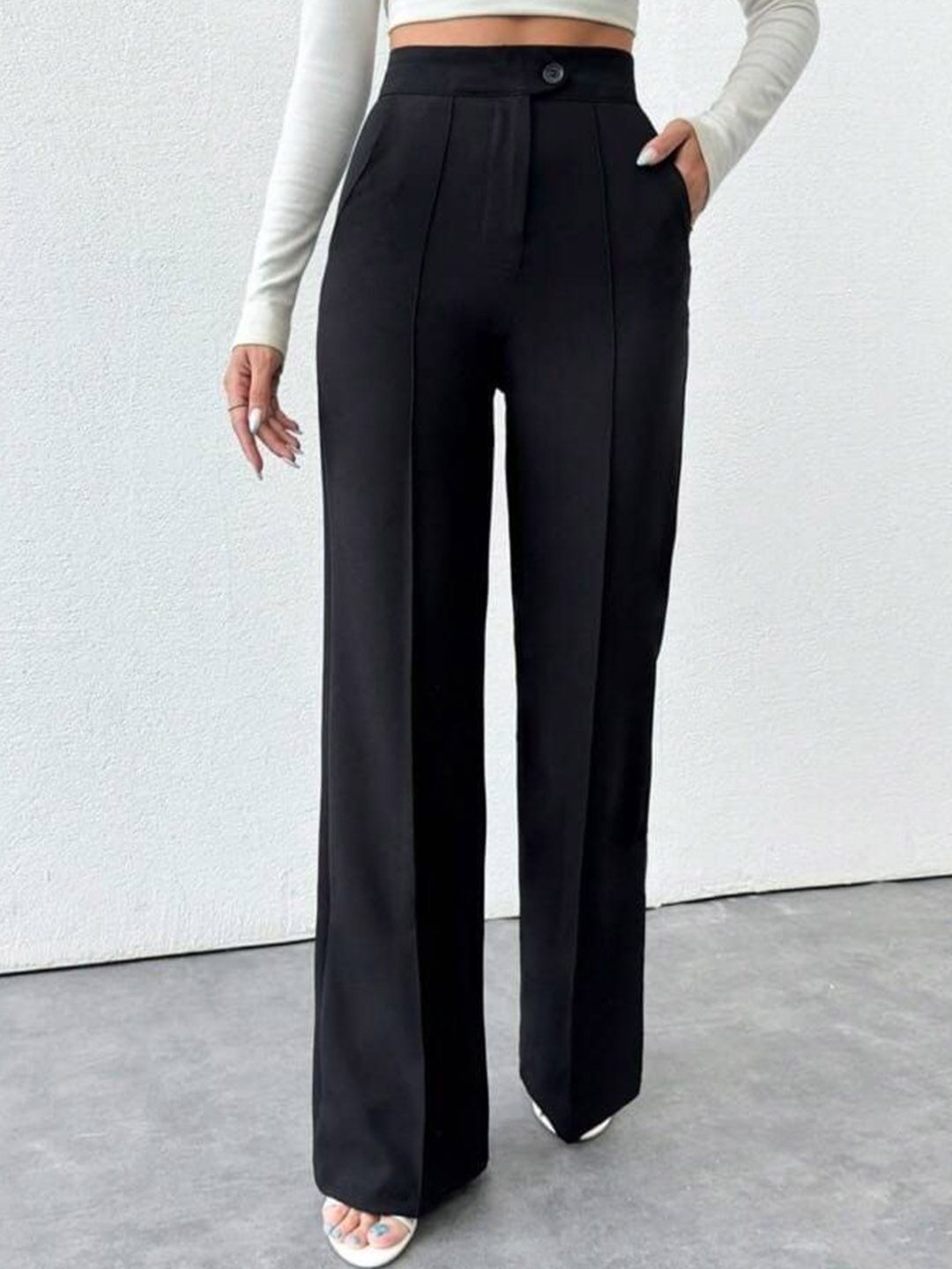 Next One Women Smart Straight Fit High-Rise Easy Wash Pleated Trousers
