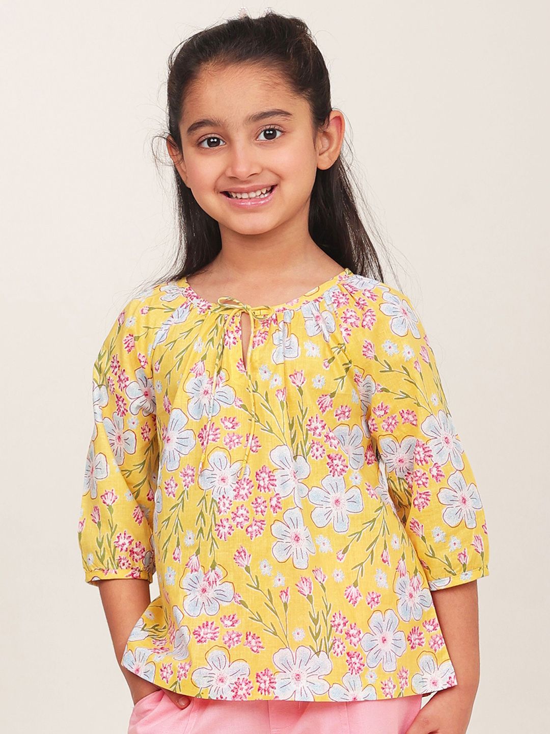 Campana Girls Floral Printed Tie-Up Neck Cotton Top