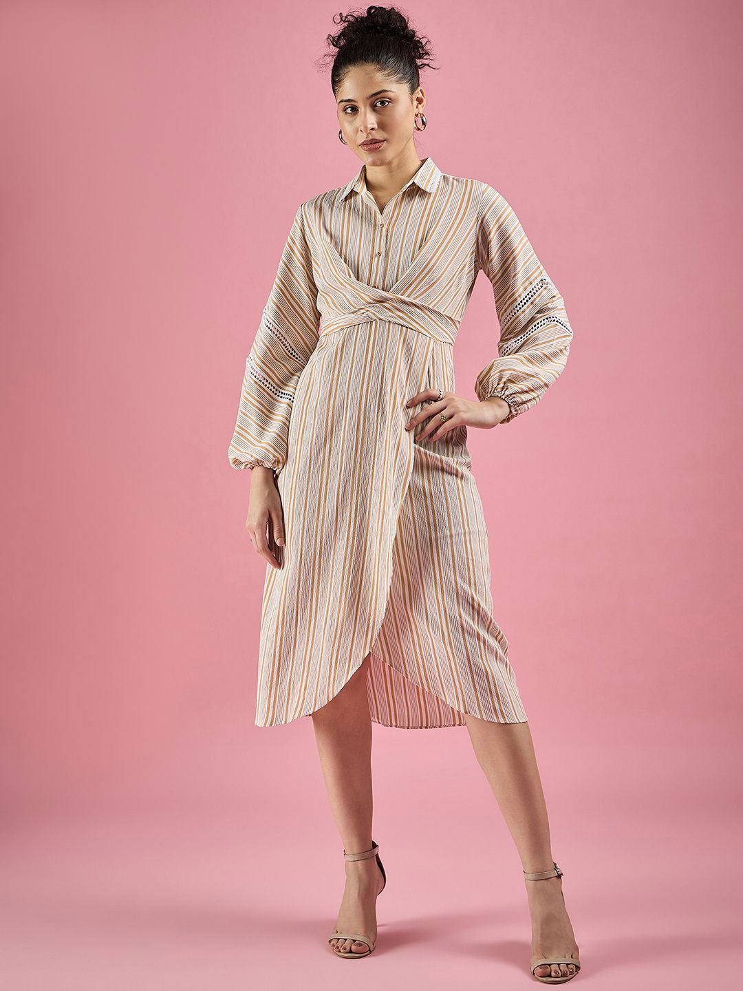 CORSICA Women Striped Shirt Collar Wrap Dress
