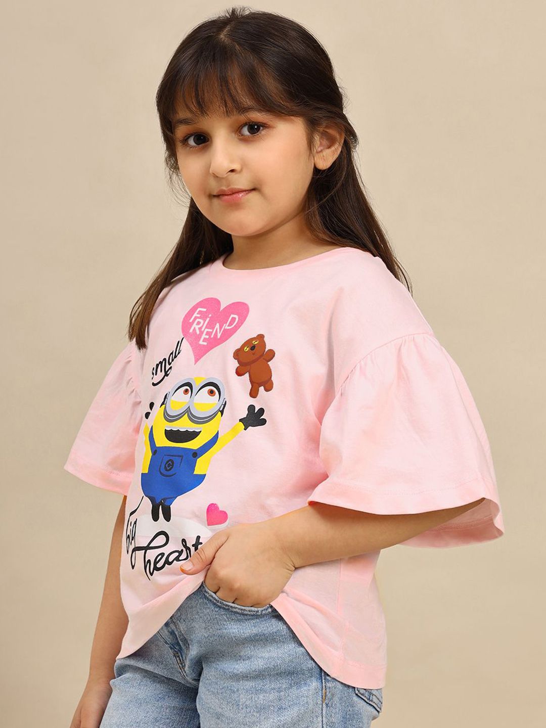 Girls Minions Printed Pure Cotton Round Neck Oversized Fit T-shirt 3